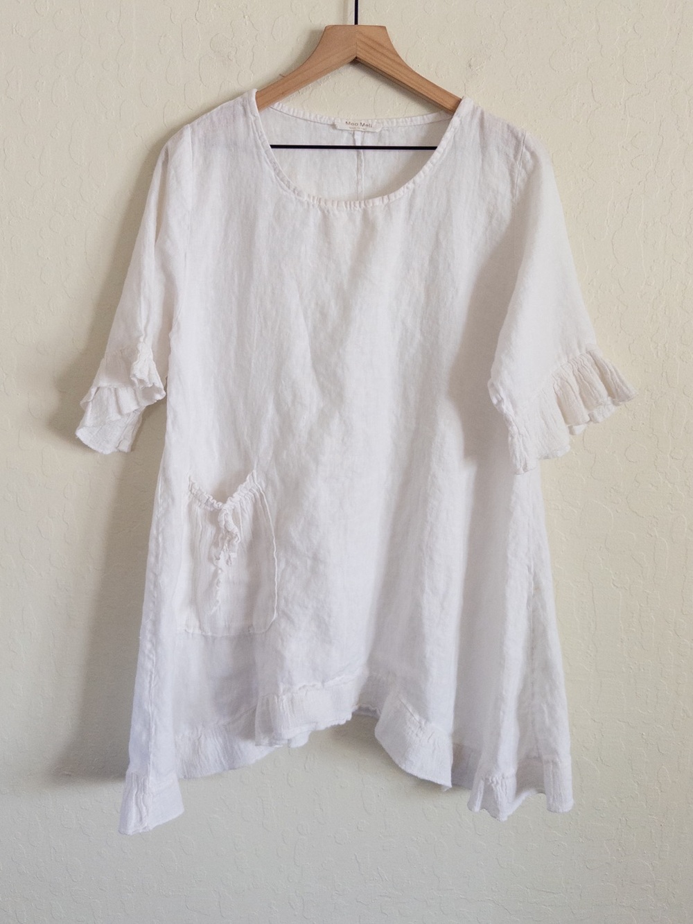 Meo Meli 100% Linen Ruffle Trim Patch Pocket Relaxed Fit Tunic Dress Large White
